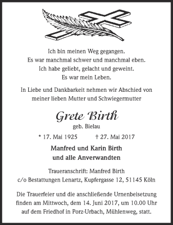 Anzeige von Grete Birth von  Kölner Wochenspiegel 