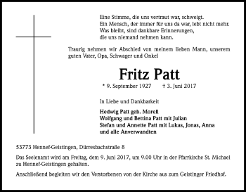 Anzeige von Fritz Patt von Kölner Stadt-Anzeiger / Kölnische Rundschau / Express