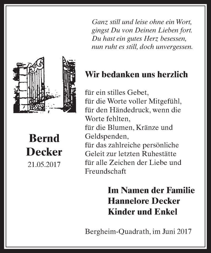  Traueranzeige für Bernd Decker vom 21.06.2017 aus  Werbepost 