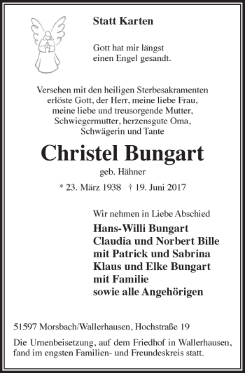 Anzeige von Christel Bungart von  Lokalanzeiger 