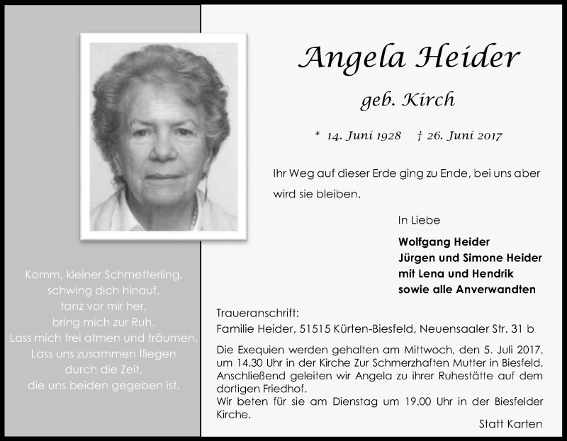  Traueranzeige für Angela Heider vom 01.07.2017 aus Kölner Stadt-Anzeiger / Kölnische Rundschau / Express