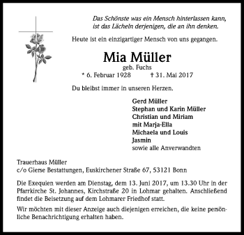 Anzeige von Mia Müller von Kölner Stadt-Anzeiger / Kölnische Rundschau / Express
