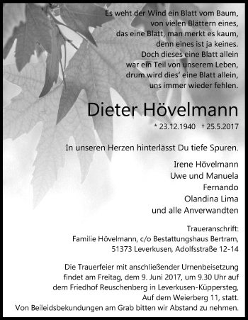 Anzeige von Dieter Hövelmann von Kölner Stadt-Anzeiger / Kölnische Rundschau / Express