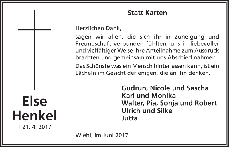  Traueranzeige für Else Henkel vom 21.06.2017 aus  Anzeigen Echo 