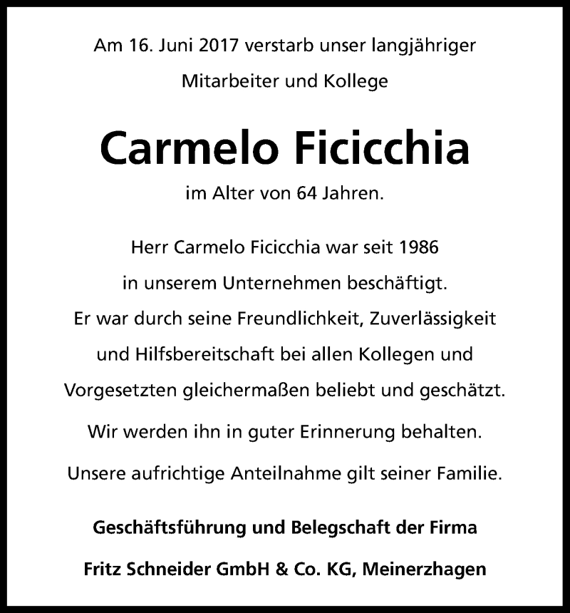  Traueranzeige für Carmelo Ficicchia vom 21.06.2017 aus Kölner Stadt-Anzeiger / Kölnische Rundschau / Express