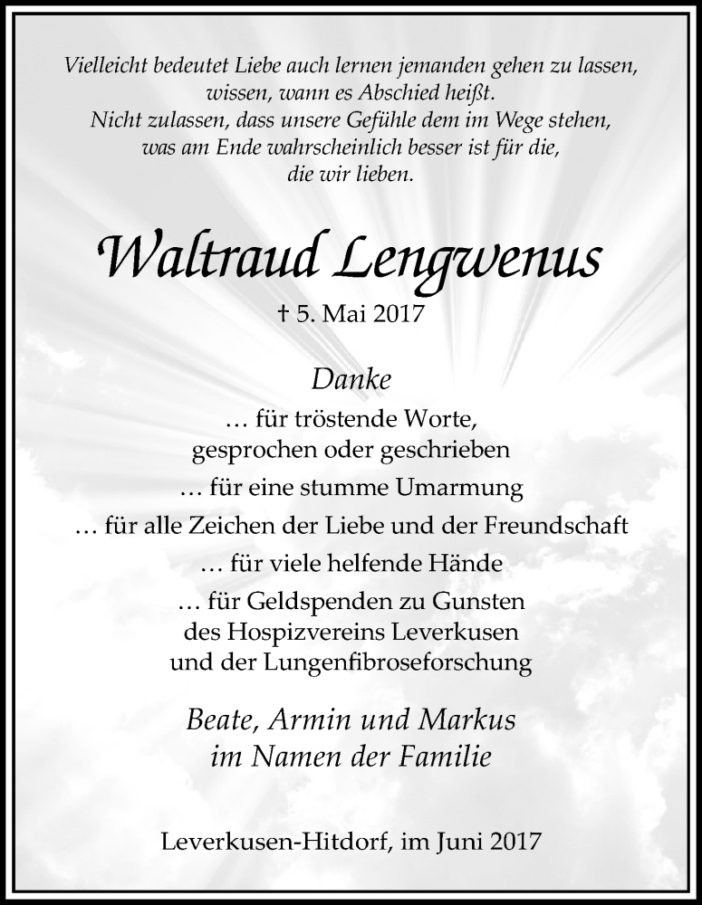  Traueranzeige für Waltraud Lengwenus vom 17.06.2017 aus Kölner Stadt-Anzeiger / Kölnische Rundschau / Express