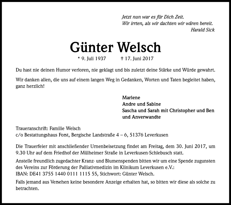  Traueranzeige für Günter Welsch vom 26.06.2017 aus Kölner Stadt-Anzeiger / Kölnische Rundschau / Express