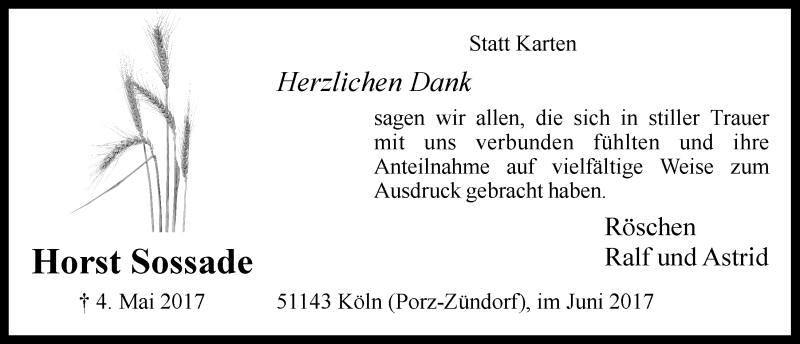  Traueranzeige für Horst Sossade vom 07.06.2017 aus  Kölner Wochenspiegel 