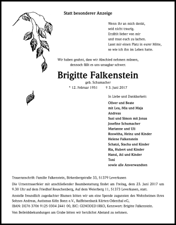 Anzeige von Brigitte Falkenstein von Kölner Stadt-Anzeiger / Kölnische Rundschau / Express