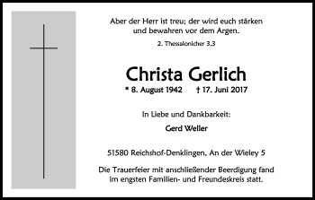 Anzeige von Christa Gerlich von Kölner Stadt-Anzeiger / Kölnische Rundschau / Express