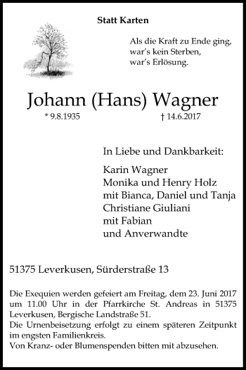 Anzeige von Johann Wagner von Kölner Stadt-Anzeiger / Kölnische Rundschau / Express