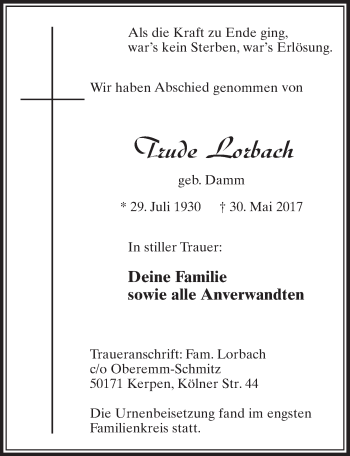 Anzeige von Trude Lorbach von  Sonntags-Post 