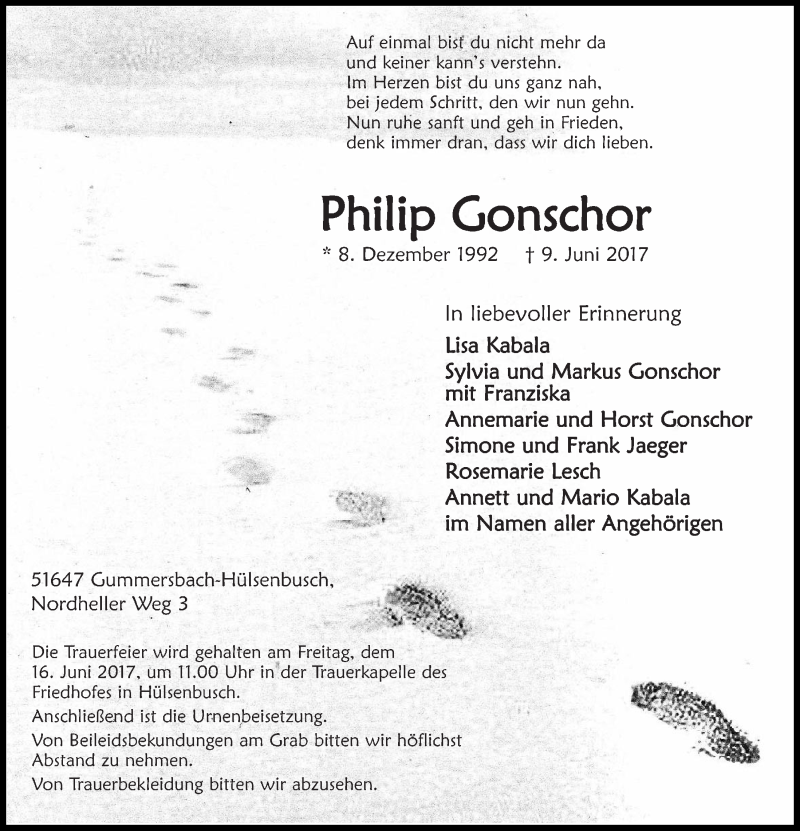  Traueranzeige für Philip Gonschor vom 14.06.2017 aus  Anzeigen Echo 