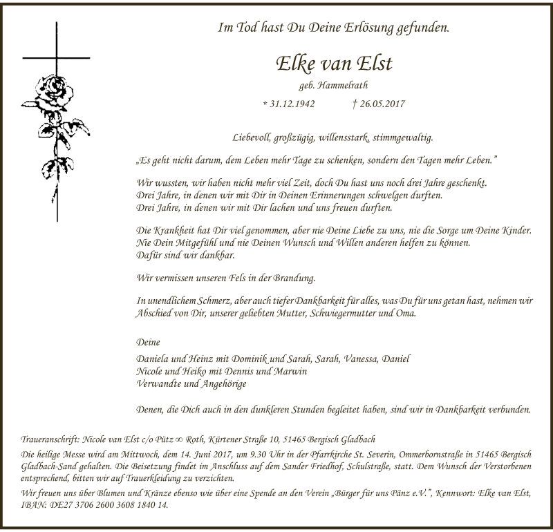  Traueranzeige für Elke van Elst vom 03.06.2017 aus  Bergisches Sonntagsblatt 
