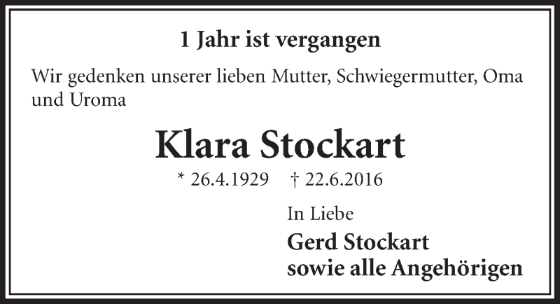  Traueranzeige für Klara Stockart vom 21.06.2017 aus  Schlossbote/Werbekurier 