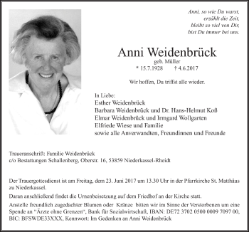 Anzeige von Anni Weidenbrück von  Extra Blatt 