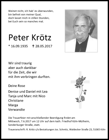 Anzeige von Peter Krötz von Kölner Stadt-Anzeiger / Kölnische Rundschau / Express