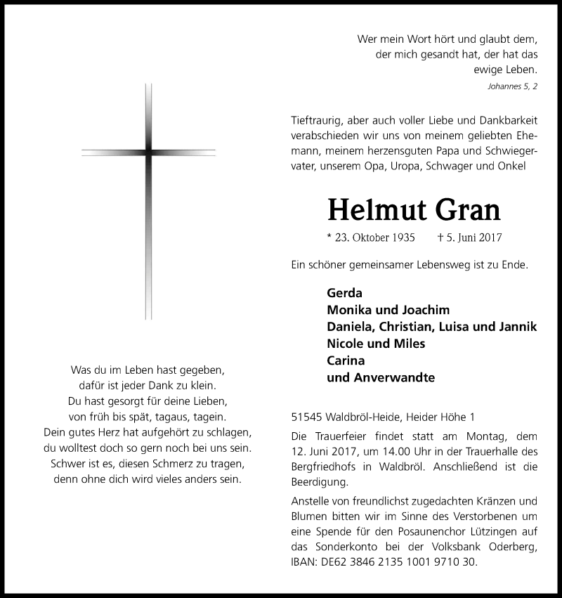  Traueranzeige für Helmut Gran vom 08.06.2017 aus Kölner Stadt-Anzeiger / Kölnische Rundschau / Express