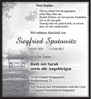 Anzeige von Siegfried Spotowitz von  Sonntags-Post 
