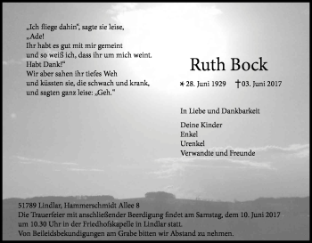 Anzeige von Ruth Bock von Kölner Stadt-Anzeiger / Kölnische Rundschau / Express