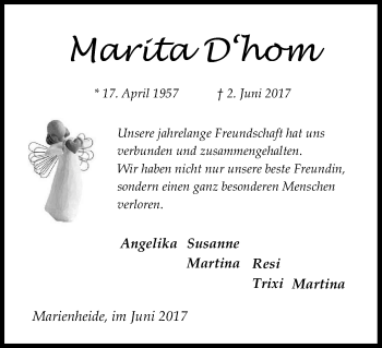 Anzeige von Marita D´hom von Kölner Stadt-Anzeiger / Kölnische Rundschau / Express