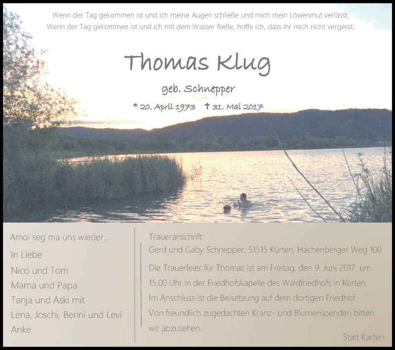  Traueranzeige für Thomas Klug vom 03.06.2017 aus Kölner Stadt-Anzeiger / Kölnische Rundschau / Express