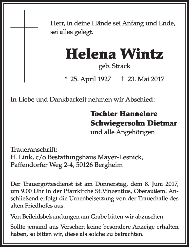  Traueranzeige für Helena Wintz vom 03.06.2017 aus  Sonntags-Post 