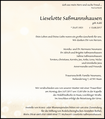 Anzeige von Lieselotte Saßmannshausen von Kölner Stadt-Anzeiger / Kölnische Rundschau / Express