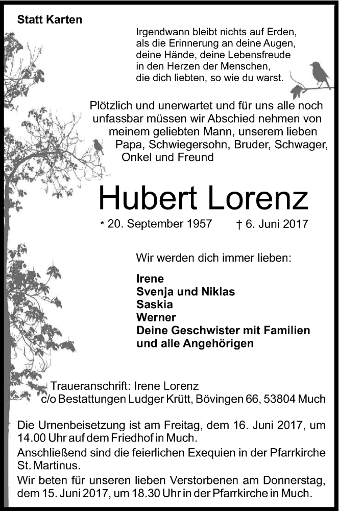  Traueranzeige für Hubert Lorenz vom 10.06.2017 aus Kölner Stadt-Anzeiger / Kölnische Rundschau / Express