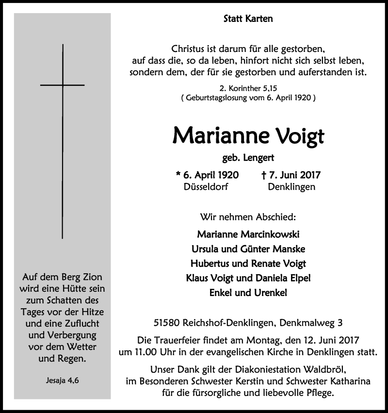  Traueranzeige für Marianne Voigt vom 10.06.2017 aus Kölner Stadt-Anzeiger / Kölnische Rundschau / Express