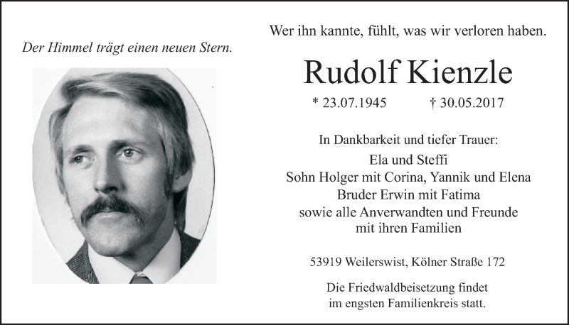  Traueranzeige für Rudolf Kienzle vom 14.06.2017 aus  Schlossbote/Werbekurier 