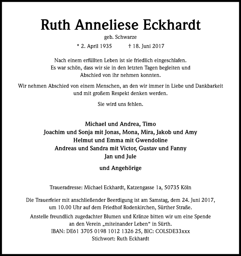  Traueranzeige für Ruth Anneliese Eckhardt vom 22.06.2017 aus Kölner Stadt-Anzeiger / Kölnische Rundschau / Express