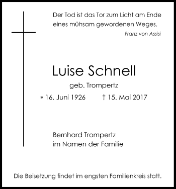Anzeige von Luise Schnell von Kölner Stadt-Anzeiger / Kölnische Rundschau / Express