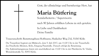 Anzeige von Maria Bütfering von Kölner Stadt-Anzeiger / Kölnische Rundschau / Express