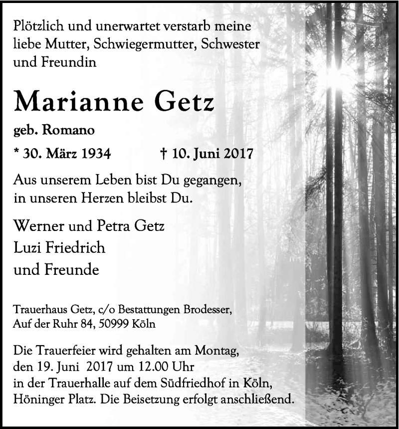  Traueranzeige für Marianne Getz vom 14.06.2017 aus Kölner Stadt-Anzeiger / Kölnische Rundschau / Express