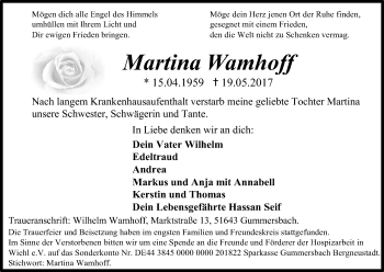 Anzeige von Martina Wamhoff von Kölner Stadt-Anzeiger / Kölnische Rundschau / Express