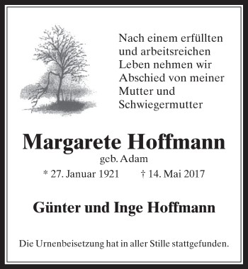 Anzeige von Margarete Hoffmann von  Werbepost 