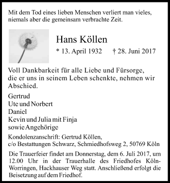 Anzeige von Hans Köllen von Kölner Stadt-Anzeiger / Kölnische Rundschau / Express
