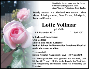 Anzeige von Lotte Vollmar von Kölner Stadt-Anzeiger / Kölnische Rundschau / Express