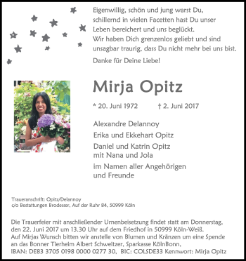 Anzeige von Mirja Opitz von Kölner Stadt-Anzeiger / Kölnische Rundschau / Express