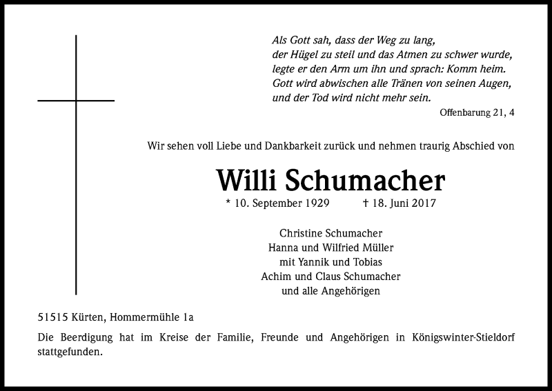  Traueranzeige für Willi Schumacher vom 28.06.2017 aus Kölner Stadt-Anzeiger / Kölnische Rundschau / Express