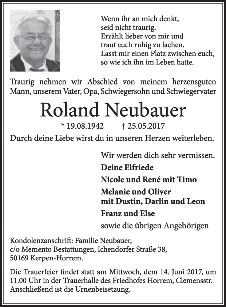  Traueranzeige für Roland Neubauer vom 10.06.2017 aus  Sonntags-Post 