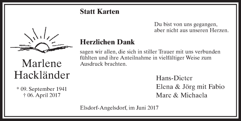  Traueranzeige für Marlene Hackländer vom 03.06.2017 aus  Sonntags-Post 