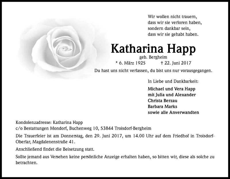  Traueranzeige für Katharina Happ vom 27.06.2017 aus Kölner Stadt-Anzeiger / Kölnische Rundschau / Express
