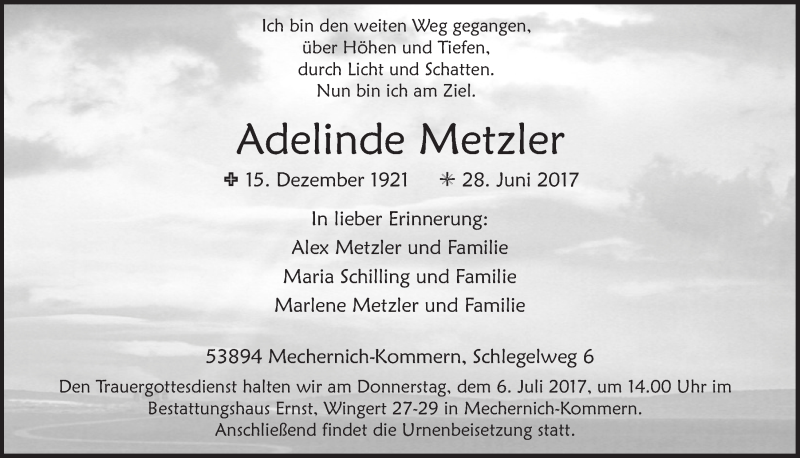  Traueranzeige für Adelinde Metzler vom 01.07.2017 aus  Blickpunkt Euskirchen 
