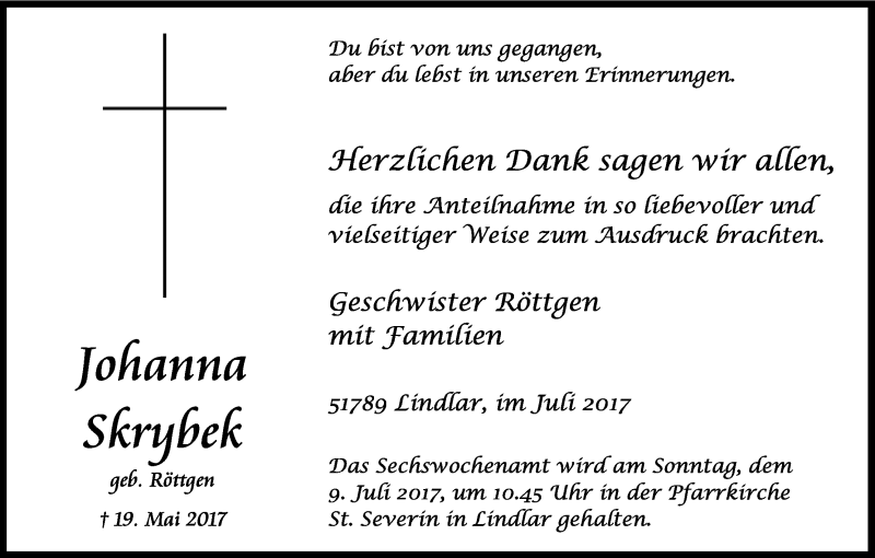  Traueranzeige für Johann Skrybek vom 01.07.2017 aus Kölner Stadt-Anzeiger / Kölnische Rundschau / Express