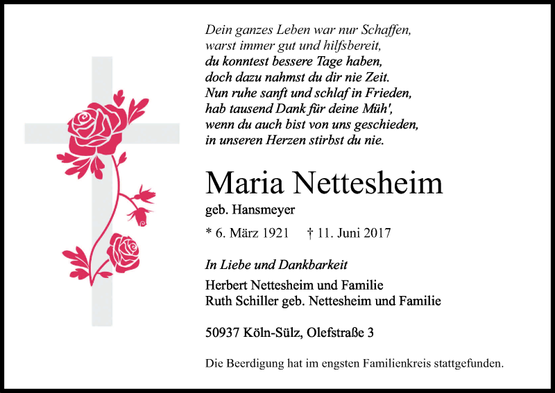  Traueranzeige für Maria Nettesheim vom 24.06.2017 aus Kölner Stadt-Anzeiger / Kölnische Rundschau / Express