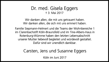 Anzeige von Giesela Eggers von Kölner Stadt-Anzeiger / Kölnische Rundschau / Express