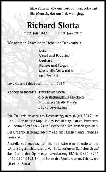 Anzeige von Richard Slotta von Kölner Stadt-Anzeiger / Kölnische Rundschau / Express