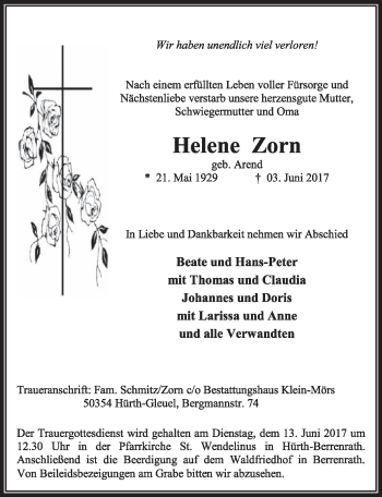 Anzeige von Helene Zorn von  Sonntags-Post 